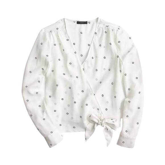 J. Crew Ivory Dot Sheer Silk Long Sleeve Wrap Top Size L - Picture 1 of 7